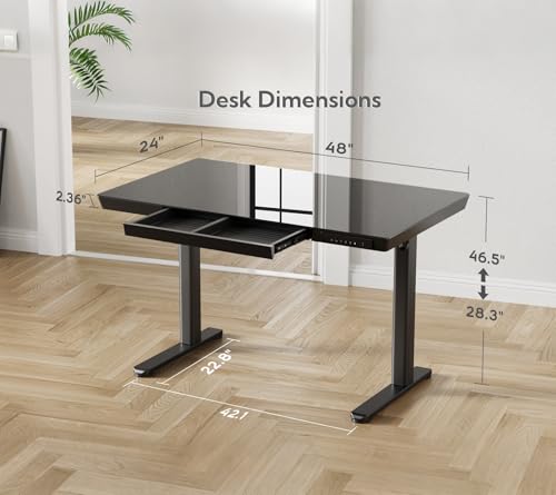 Image of INNOVAR Glass Standing Desk with Drawers & USB Ports,48 inch Whole-Piece Glass Top Adjustable Height Desks, Quick-Install Electric Sit-Stand Up Desk for Home Office & Computer Workstation, Black
