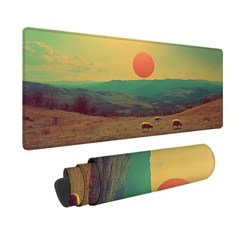 Tapis de souris XXL 90x40 sous-main de bureau imperméable motif animal et soleil couchant