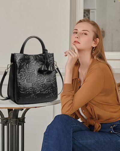 Womens Genuine Leather Handbags large Trendy Shoulder Tote Three-layer Crossbody Purses Flower Print Satchel3