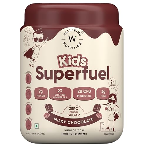 Image of Wellbeing Nutrition Kids Superfuel 7+years |Zero Added Sugar |9g Milk Protein Isolate, 23 Vitamins & Minerals, 100mg DHA, 3g Fiber, Probiotics |Height Growth, Immunity & Brain| Chocolate, Nutrition Drink Powder, 400g
