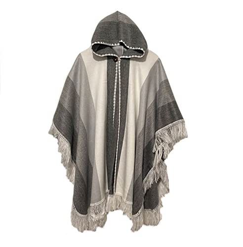 100% Handmade in Ecuador, Button-Up BABY ALPACA Wool Cape Poncho Wrap Shawl COAT with Hood (Gray Stripes)