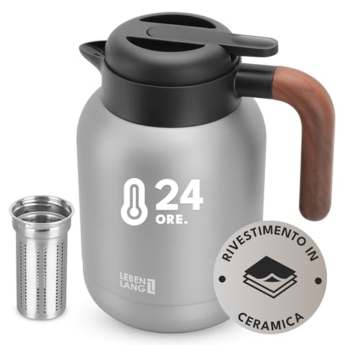 LEBENLANG Thermos caffe 1,5 litri Grigio - Rivestimento ceramico & senza BPA I 24 ore al caldo & Incl. filtro da tè I Termos caffè Caraffa termica Termus per te caldo grande Teiera
