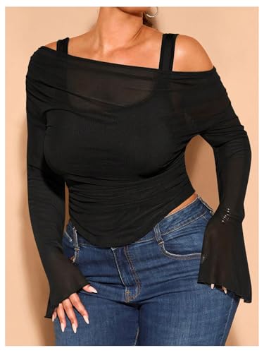 WDIRARA Women's Plus Size 2 in 1 Off Shoulder T Shirt Ruched Sheer Bell Long Sleeve Tee3