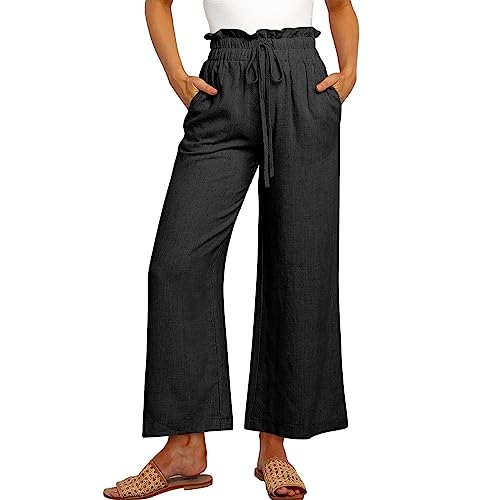 Womens Linen Pants Drawstring High Waist Wide Leg Cropped Palazzo Pant Trousers Loose Boho Casual Summer Trendy Beach Outfits