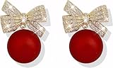 ecozran Sparkling Red Bow Earrings for Women Teardrop Jewelry Gifts Rhinestone Chain Tassel Earring Christmas Gifts（Red-Q）