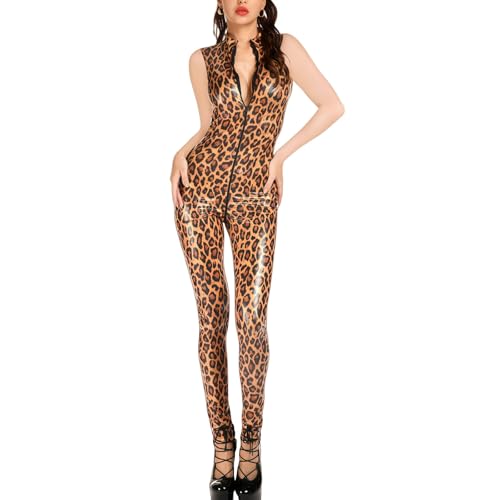 Image of SamHeng PU Leather Leopard Print Jumpsuit Sexy Zipper Catsuit Sleeveless L