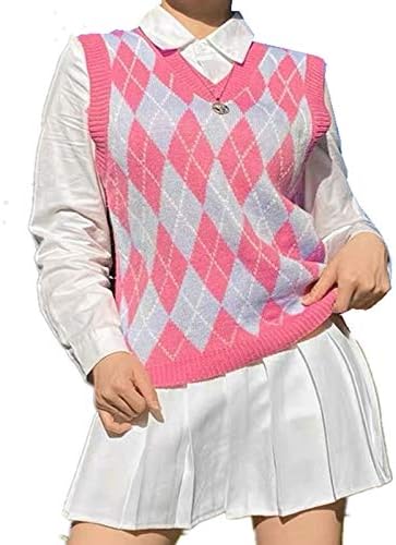 Hyipels Argyle Sweater Vest Women,Y2K Sleeveless Sweaters Plaid Knitted Long Streetwear Preppy V Neck School Tank Top
