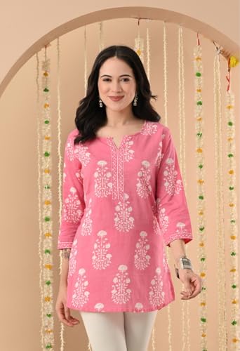 Image of Amazon Brand - Tavasya Women Floral Printed Round Neck Pure Cotton Regular Fit Kurti | Everyday & Office Wear Kurta | Modern Ethnic Top