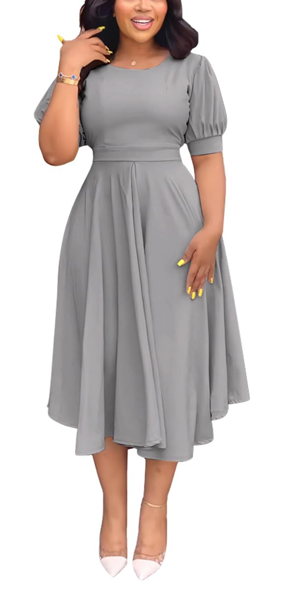 Summer Dresses for Women Semi-Formal Fit Casual Slim Short Puff Sleeve O-Neck Elegant Swing A Line Maxi Dresses
