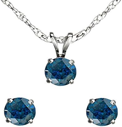 Dazzlingrock Collection 14K Gold Round Blue Diamond Ladies Stud Earring &amp; Pendant Set