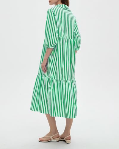 Image of EZAPINE Womens Babydoll Striped Shirt Midi Dress Puff Long Sleeve Collared Button Tunic Flowy Swing Dresses