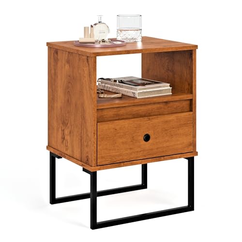 Mesa De Cabeceira Criado Mudo Box 1 Gaveta Quarto Cama Pés Aço Industrial (Freijó)