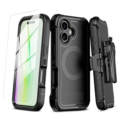 Rugged Protective Case Compatible with iPhone 17 6.3 inch - Black Heavy Duty Cover with Belt Clip Kickstand Holster Tempered Glass Screen Protector Magnetic Wireless Charging Dual Layer Drop Defense