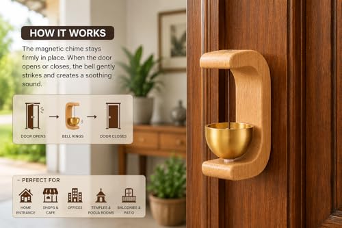 Image of Wooden Door Bell with Brass Bowl | Magnetic Door Chime Bell | Shopkeepers Doorbell for Door Opening | Decorative Magnetic Chime | Ideal for Home, Shop & Housewarming Gift