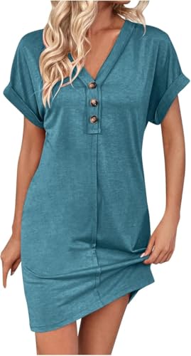 Womens Fashion V-Neck Button Up Dress Roll Short Sleeve Tunic A Line Knee Length Dresses Beach Vacation Mini Dress (Mint Blue,Medium)