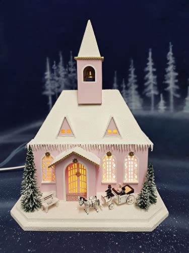 Maison lumineuse rose église décoration grand village de Noël intérieur 40cm
