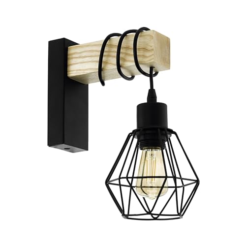 EGLO Lampada da parete Townshend 5, plafoniera vintage a uno punto luce, lampada da parete dal design industriale, lampada retrò in acciaio e legno, nero, marrone, E27, certificazione FSC