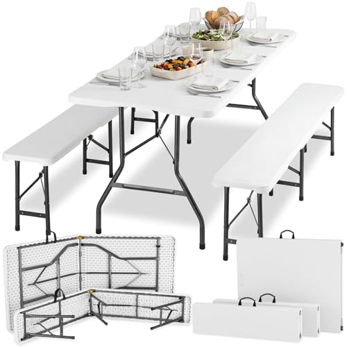 tectake® Ensemble de Table Pliante Camping ou de Pique Nique et 2X Banc de Jardin en Acier Léger, Compacte Table a Manger Tables à tapisser avec Poignée de Transport...