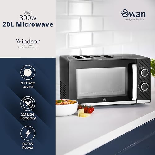 Swan Windsor Manual Microwave, 20L, 800W, 5 Power Levels, Defrost by Time, 30 Minute Timer, Non-slip Feet, Family Sized Microwave, Black, SM4424BLK - Image 2