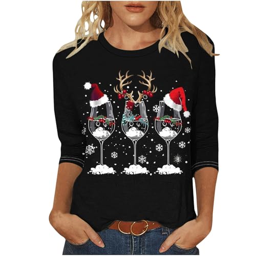 Christmas T Shirt for Women UK,Santa Claus Funny Graphic Xmas Tops Christmas Tree Snowflake Printed Sweatshirt Crew Neck 3/4 Sleeve Pullover Xmas Holiday Blouse Tops for Women Plus Size 8-22