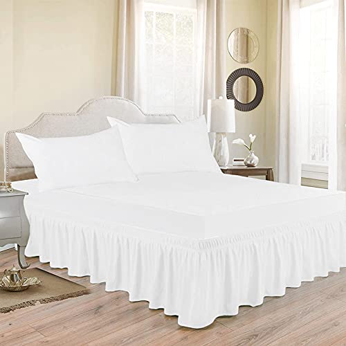 Image of Wrap Around Dust Ruffled Bed Skirt 15 inch Inch Tailored Drop Fade Resistant Brushed Microfiber Bed Skirt -Double Bed | White