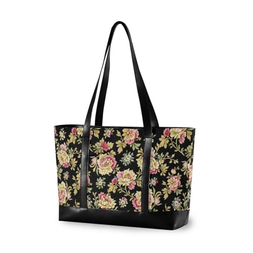 Baroque Style Retro Beige Flowers classy canvas laptop tote bag with zipper for university with Personalized maletin ejecutivo para mujer