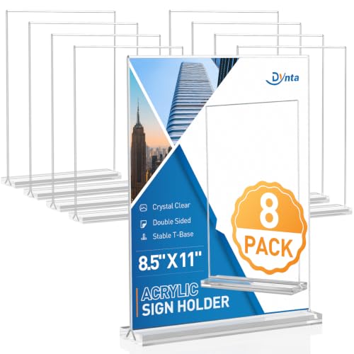 Image of Dynta 8 Pack Acrylic Sign Holder 8.5 x 11, Clear Display Stand with Stable Base, Double Sided Table Sign Holder for Menus, Flyers, Office & Business Countertop Use