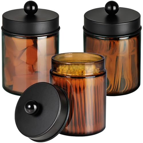 Amber Glass Qtip Holder, Apothecary Jar, Qtip Dispenser with Metal Lid | 3 Pack Containers, Vanity Canister Organizer Storage, Bathroom Accessories Set for Cotton Swab, Ball, Pad, Floss