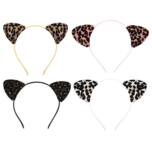 Beaupretty 4pcs Leopard Cat Ears Headband Fabric Cosplay Animal Hair Hoops for Women Girls Party Favors Holiday Festival Hair Decor Accessory(Assoerted Color)