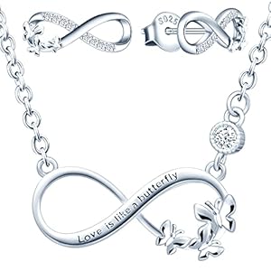 Yumilok collier femme fille, boucles d&rsquo;oreilles femme, ensemble de bijoux, collier pendentif et boucle d&rsquo;oreille papillon symbole d&rsquo;infini, collier et clou d&rsquo;oreille en argent 925, zircon incrusté