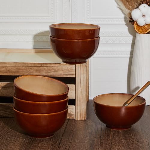 Image of Pokini Reactive Glaze Bowls Set of 6, Microwave and Dishwasher Safe Bowls, Stoneware Soup Bowls, Kitchen Bowl Set for Cereal Soup Rice Pasta Salad Oatmeal, Brown and Yellow