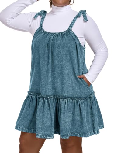Image of Denim Dress for Women Tie Shoulder Sleeveless Denim Mini Dress Casual Flowy Babydoll Dress Wash Jean Dress