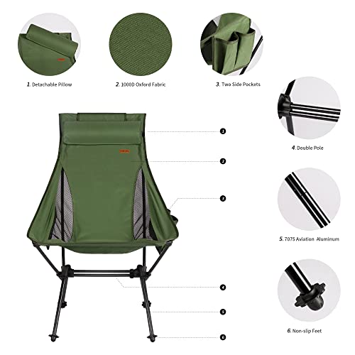TOBTOS High Back Camping Chair, Lightweight Folding Chair with Head Support, Compact Chair with Carry Bag for Outdoor Camp, Hiking, Backpacking (Green) - Image 5