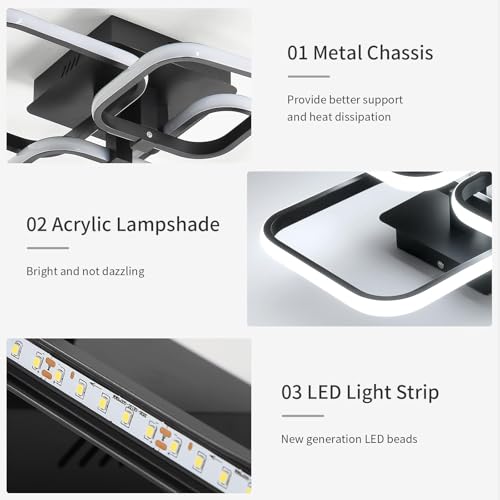 Image of ELEPHANTBOAT Chandelier Lights for Ceiling, LED Ceiling Light with Remote Control, White Acrylic Modern 3-Color Fancy Ceiling Light Flush Mount for Living Room, Bedroom, 58x45x12cm (Black)