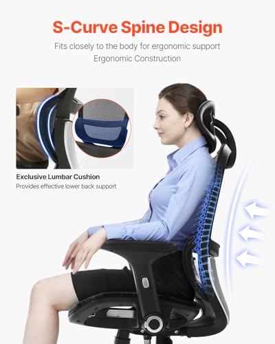 Image of VEVOR Ergonomic Office Chair, High Back Home Desk Chair with Adjustable Headrest, Flip-Up Arms, 90-130 Tilt Lock & Wide Backrest, Lumbar Support, Computer Mesh Chairs for Man Woman, Black Task Chair
