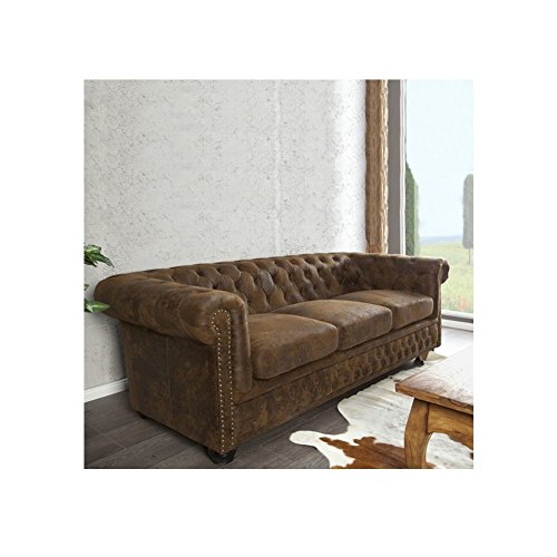 cagü edler Designklassiker 3er Sofa Winchester Braun Kunstleder im klassisch englischen Chesterfield-Stil – Bild 4