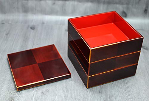 【越前漆器　6.5寸3段重箱】木製　白檀塗　市松模様　中古品 Amazon.co.jp: 木製3段重箱 越前漆器 市松白檀 内朱 三段重 6寸5～6人