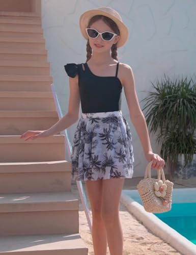 Girls Swimsuit One Piece Swimwear Top with Tropical Print Cover Up Skirt Girls Bathing Suit 7-16 Years2
