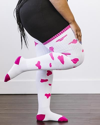 Image of Thunda Thighs Plus Size Thigh High Socks, Over the Knee High Boot Stockings Leg Warmers, Extra Long & Thick Socks Cow Print White & Neon Pink