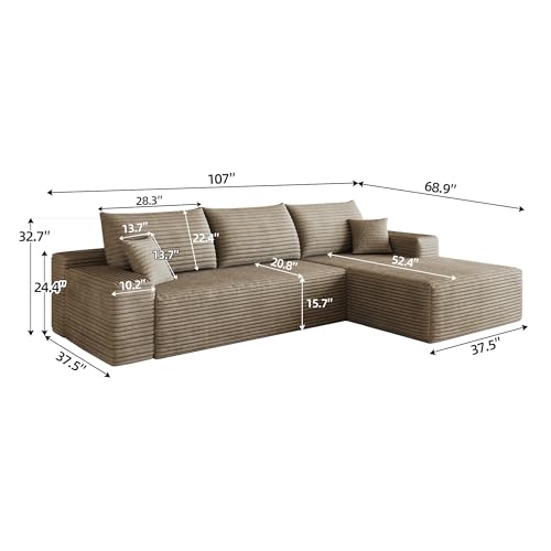 Image of 107 inch Cloud Sectional Sofa Boneless Couches with Chase