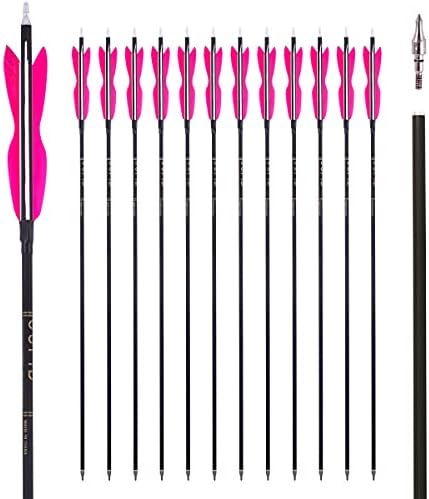 LWANO 31″ Carbon Hunting Arrows Archery Target Practice Arrows with 5″ Turkey Feathers Spine 500 for Recurve Bow and Compound Bow(Pack of 12)