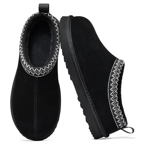 Genuine Suede Fuzzy Slippers for Women Winter Warm House Shoes Cozy Mini Boots Indoor Outdoor, Black 41