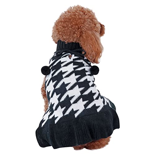 CuteBone Hundepullover-Kleid mit Hahnentritt-Muster, gestrickt, mit Craft-Pom-Pom-Ball-Pullover, Rüschenkleid für kleine Hunde DS44L-DE Cover