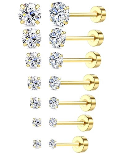 18K Gold Plated 5A Cubic Zirconia Threadless Flat Back Earrings - Surgical Stainless Steel Simulated Diamond Studs for Women & Men - Dainty Push Pin Cartilage Earrings - Hypoallergenic