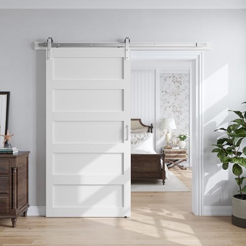 SmartStandard 40x84 inch White Barn Door with 7FT Brushed Nickel Sliding Door Hardware Track Kit Included, Solid MDF Slab, Waterproof PVC Surface, 5-Panel, Suitable for Openings up to 38in x