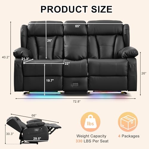 Image of Loveseat Recliner Sofa, RV Recliner Couch, Manual Reclining Loveseat with Console for Living Room, Home Theater Seating with AC /USB C /USB LED Light Drawer (Black,Loveseat with Console)