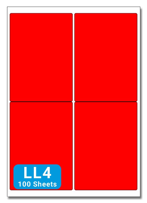 Red A4 Labels - 98mm x 139mm 4 to View - LL4-100 Sheets per Box (400 Self Adhesive Permanent Labels) - Part Number Customark-LL4-R