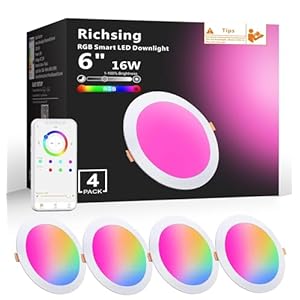Smart Recessed Lighting 6 Inch Control with APP & Alexa, 16W 5000K High Brightness Color Changing RGBW Dimmable Smart Canless LED Recessed Lights Wi-Fi Downlight with Junction Box, 4 Pack