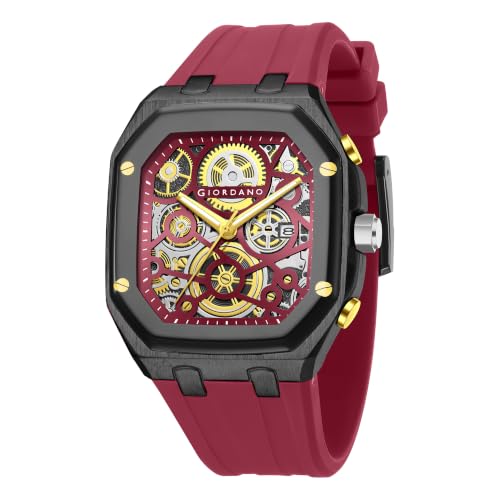 Image of Giordano Analog Quartz Watch for Men with Octagonal Skeleton Dial, Exposed Gear Design, Date Display and Silicone Strap - GZ-50221