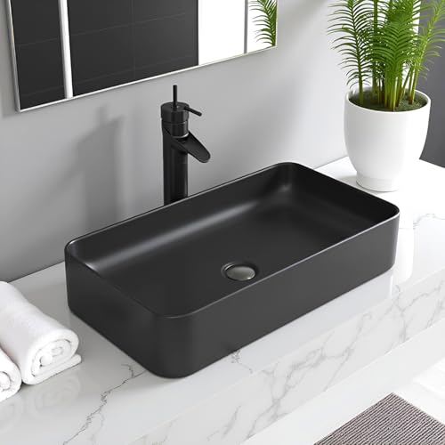 Image of QUALITO Designer Table Top Wash Basin for Bathroom, Living Room, Hall, Dinning Room | Big Size Black Ceramic Vessel Sink /Basin | Glossy Finish Marble Vanity Basin (24x14x5 Inch, Black)